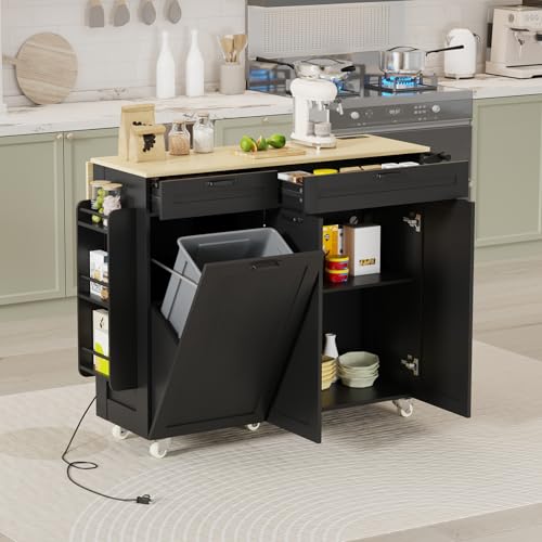 Rolling Kitchen Island with Power Outlet & Drop Leaf, Trash Storage Cabinet, Spice Rack & Towel Rack, Knife Holder S296330