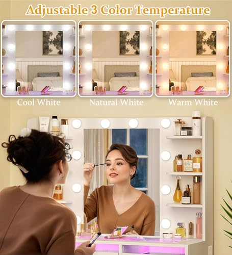 White Vanity Desk with Mirror and Lights W82081