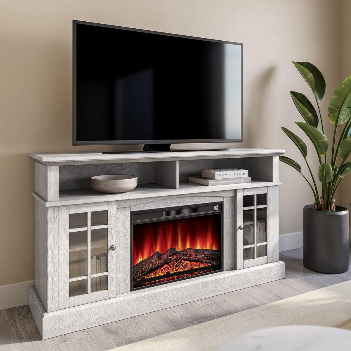 Rustic Electric Fireplace TV Stand with Open Storage Shelves & Cabinets H83050