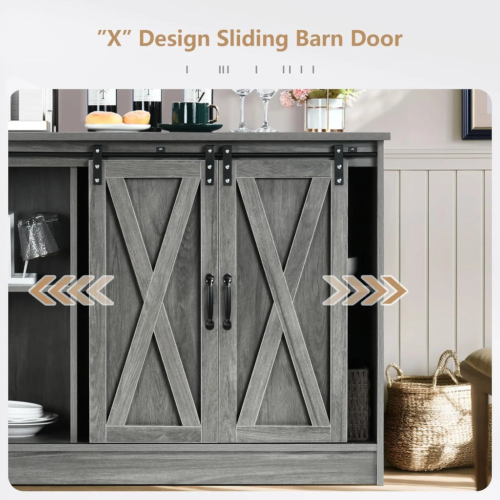 Wash Gray Coffee Bar Cabinet with Sliding Barn Doors F4304