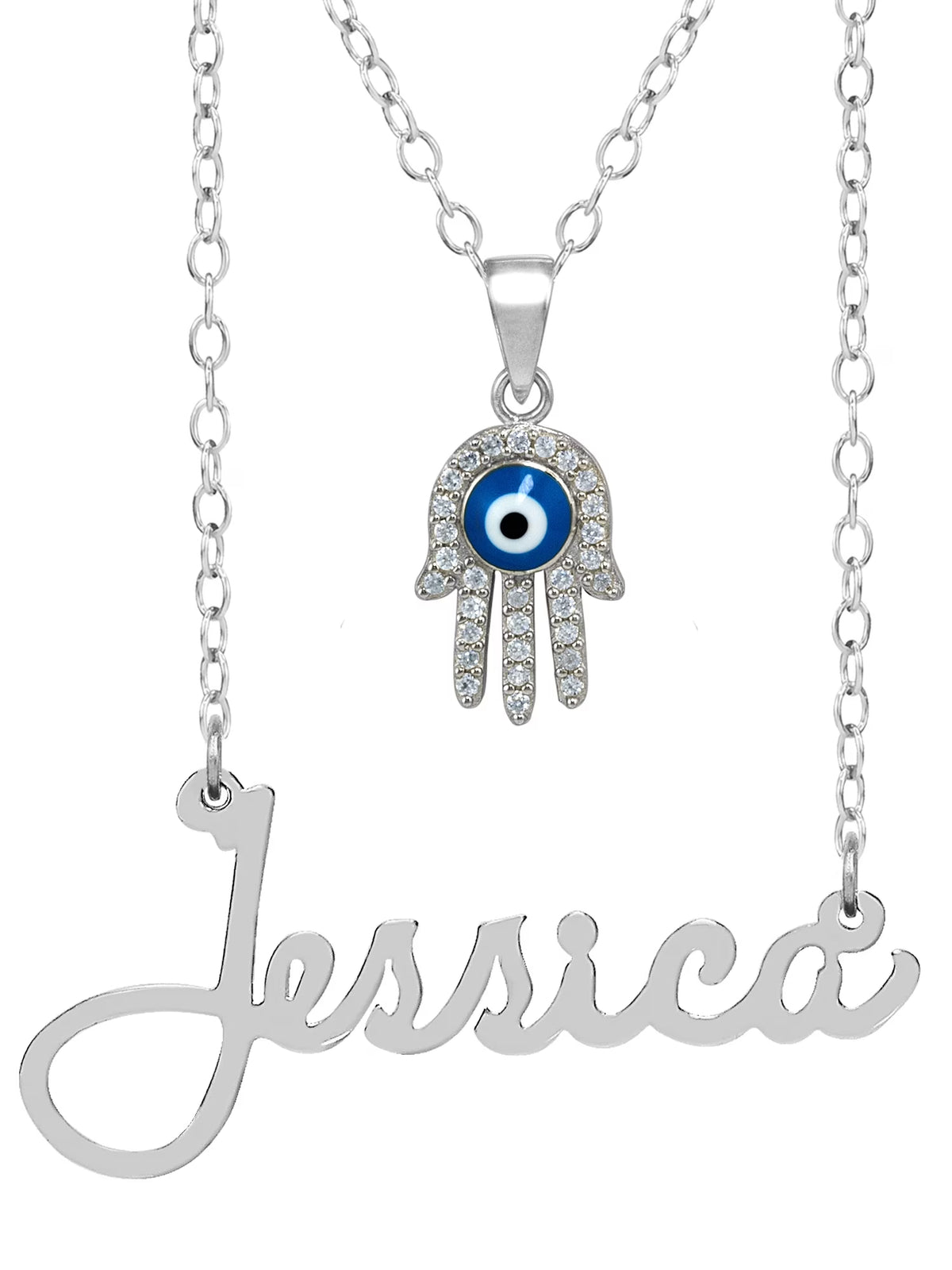 Sterling Silver Nameplate Necklace With Hamsa, 18 inch Link Chain T649623