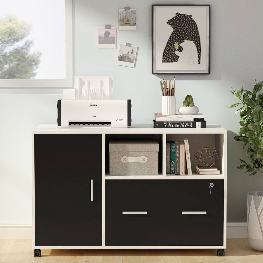 White/Black Mobile Lateral File Cabinet with Lock and Wheels D9334