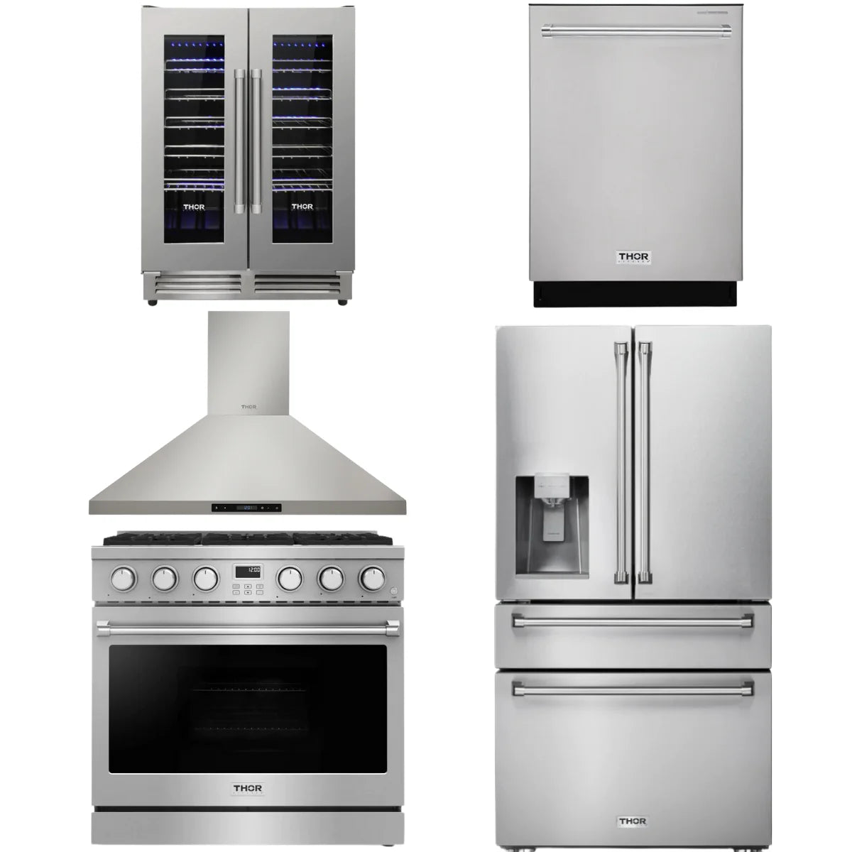 36 Gas Range, Range Hood, Refrigerator, Dishwasher and Wine Cooler O747615