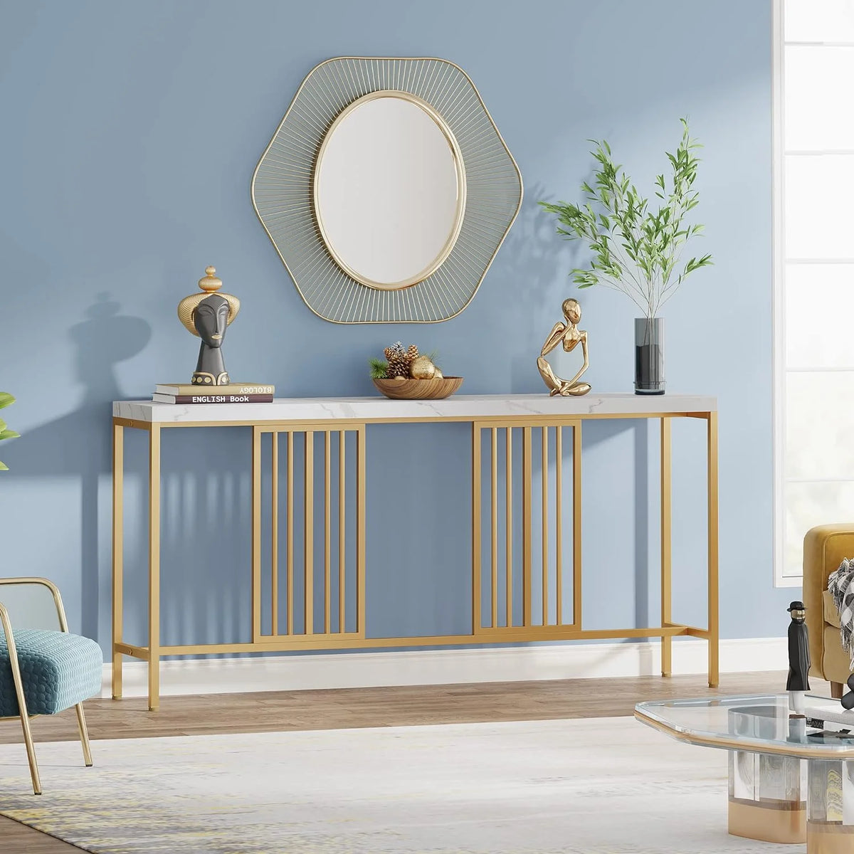 70.9 Inch Extra Long White and Gold Console Table T255