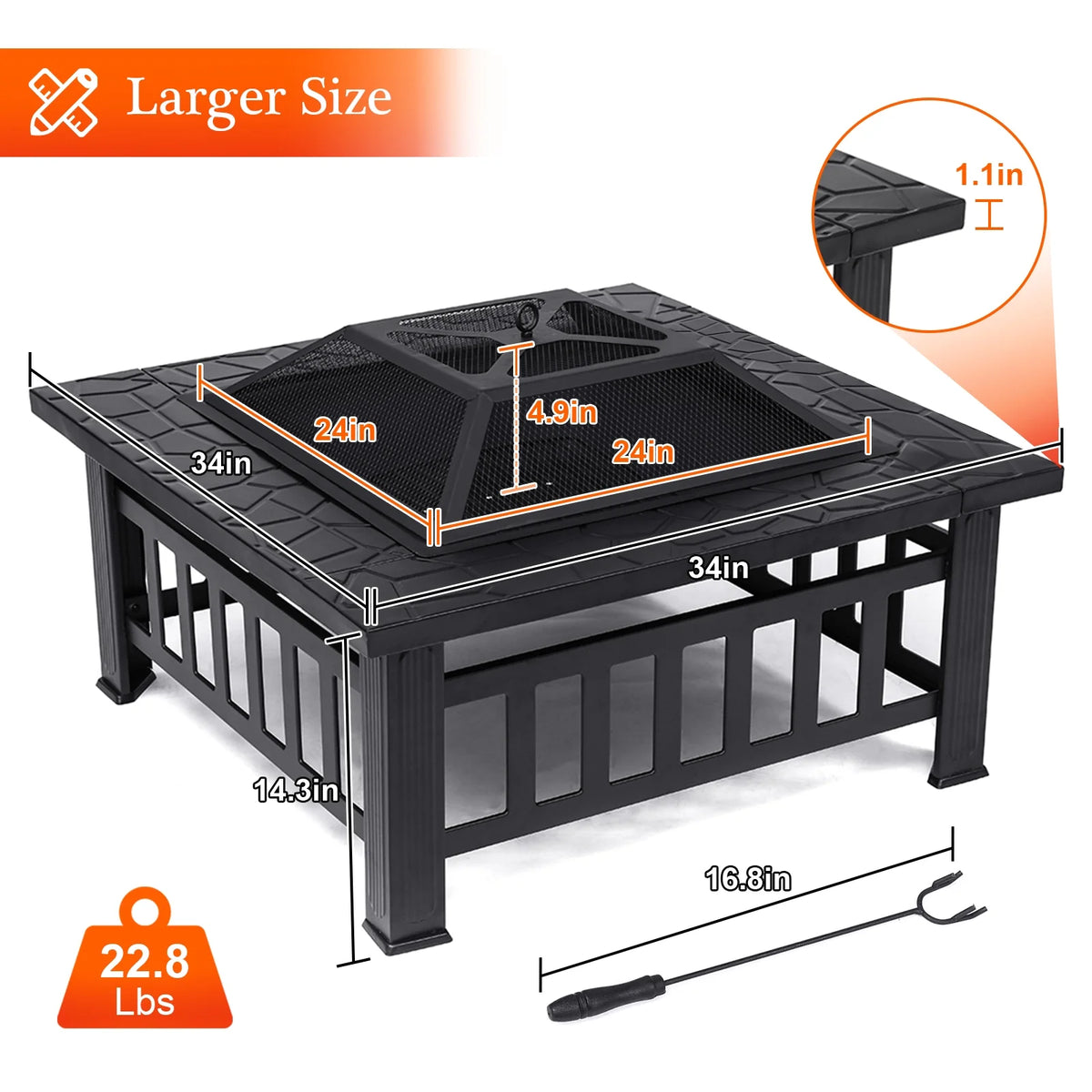 32 inch Square Metal Fire Pit Table with Cover I662879