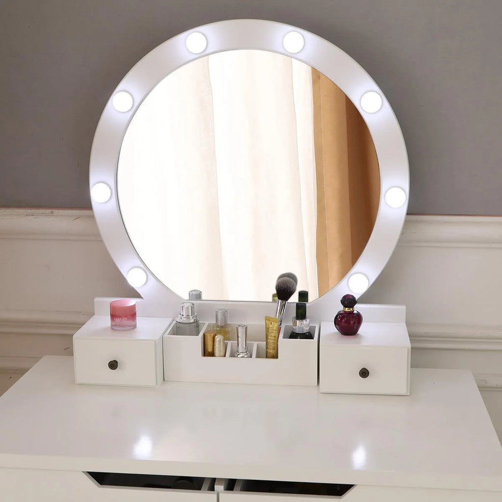 White Round Makeup Vanity Table with Lighted Mirror and Cushioned Stool S457601