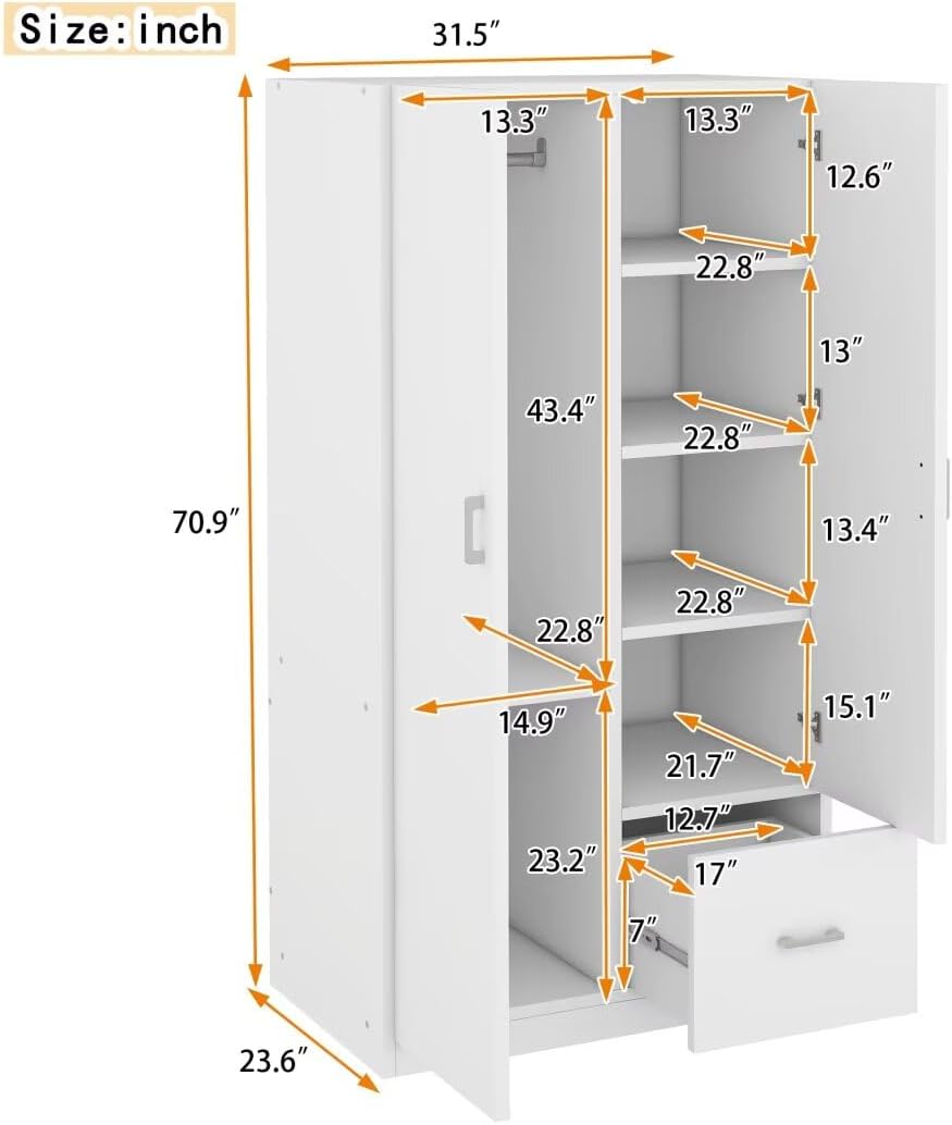 White 2 Door Wood Wardrobe with 5 Fixed Shelves and Hanging Rod N105217