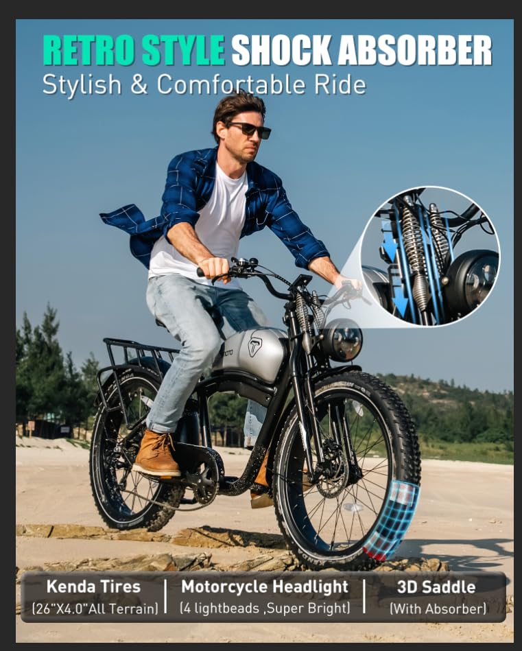 Electric Motorcycle 1500W Motor 52V 20AH 34MPH 75Mils Retro Style Moped Ebike 26"x4.0" Fat Tire Dual Hydraulic Full Suspension U62601