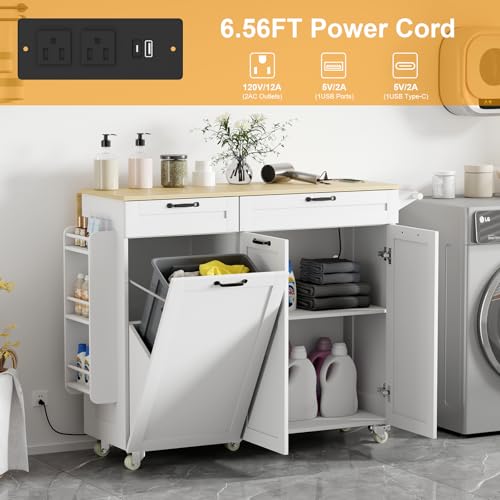 Rolling Kitchen Island with Power Outlet & Drop Leaf, Trash Storage Cabinet, Spice Rack & Towel Rack, Knife Holder S296330
