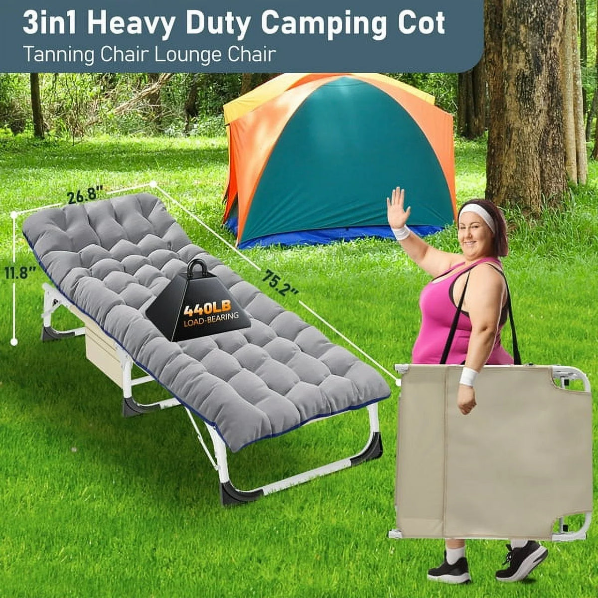 Heavy Duty Tanning Chair with Face & Arm Holes Adjustable 5-Position Folding Chaise Lounge Chair E182