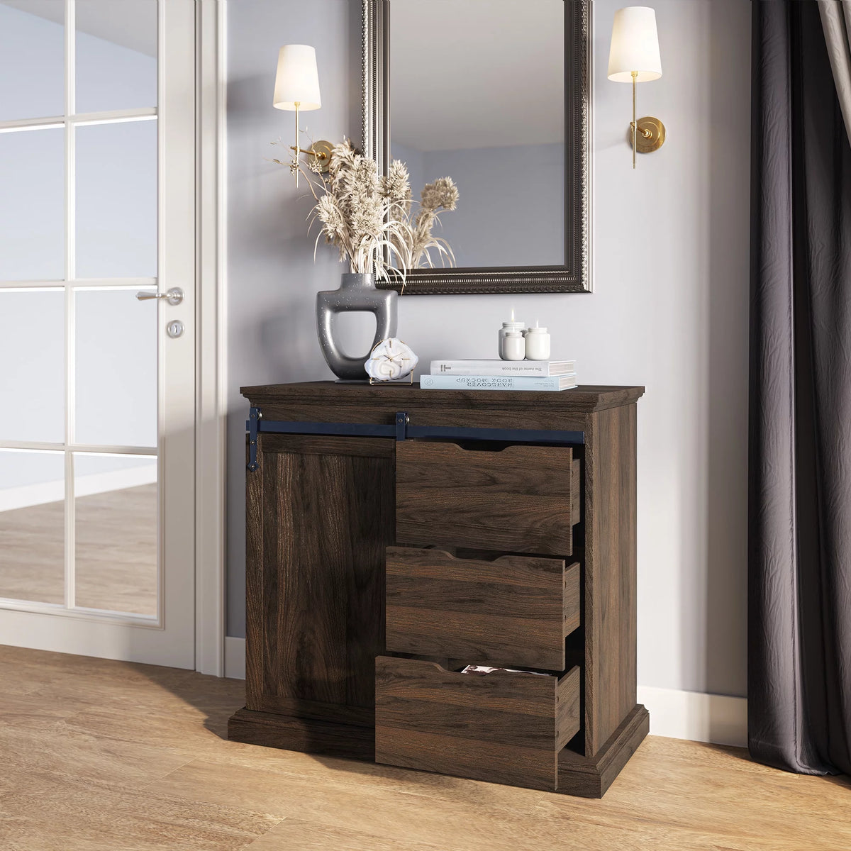 Modern Farmhouse Buffet Table with Sliding Barn Door, Three Drawers & Two Shelves G7898