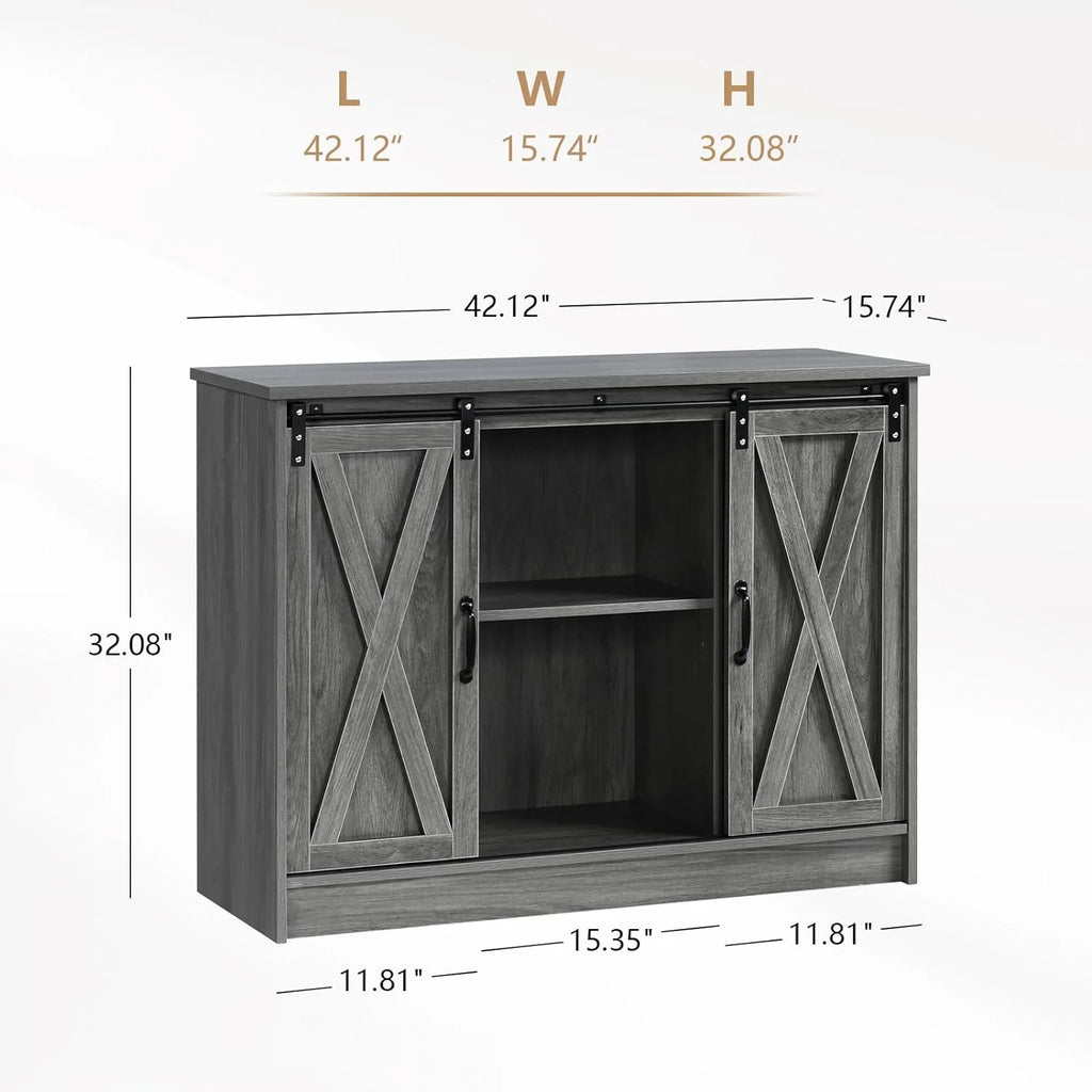 Wash Gray Coffee Bar Cabinet with Sliding Barn Doors F4304