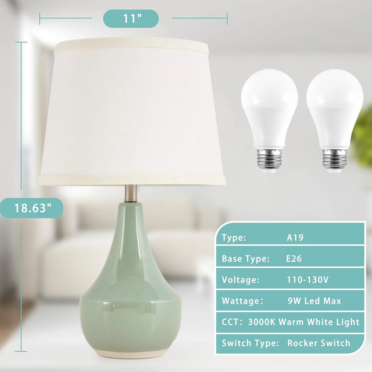 Sage Green Ceramic Table Lamp Set of 2 with Rocker Switch R48882