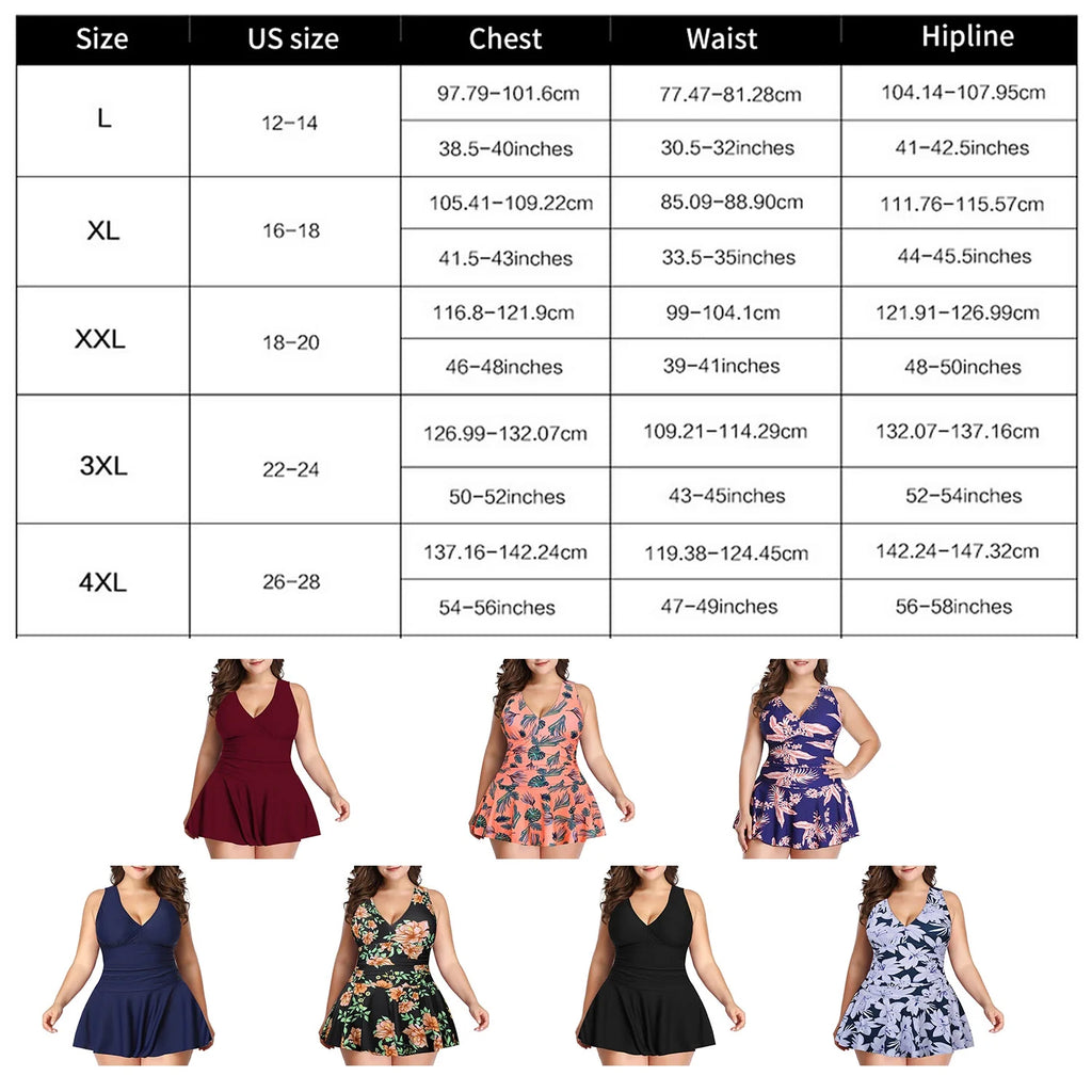 Plus-Size Flower Printing One Piece Swim Dress Tummy Control Swimsuit T33591