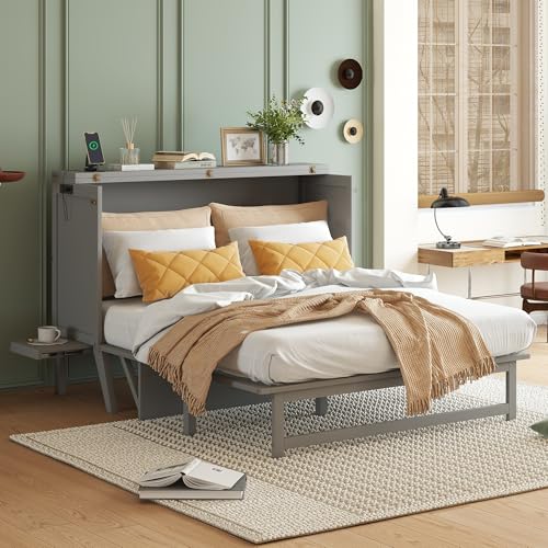 Queen Size Grey Murphy Bed with Charging Station and Drawers F67209