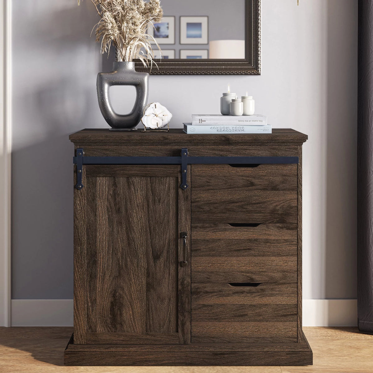Modern Farmhouse Buffet Table with Sliding Barn Door, Three Drawers & Two Shelves G7898