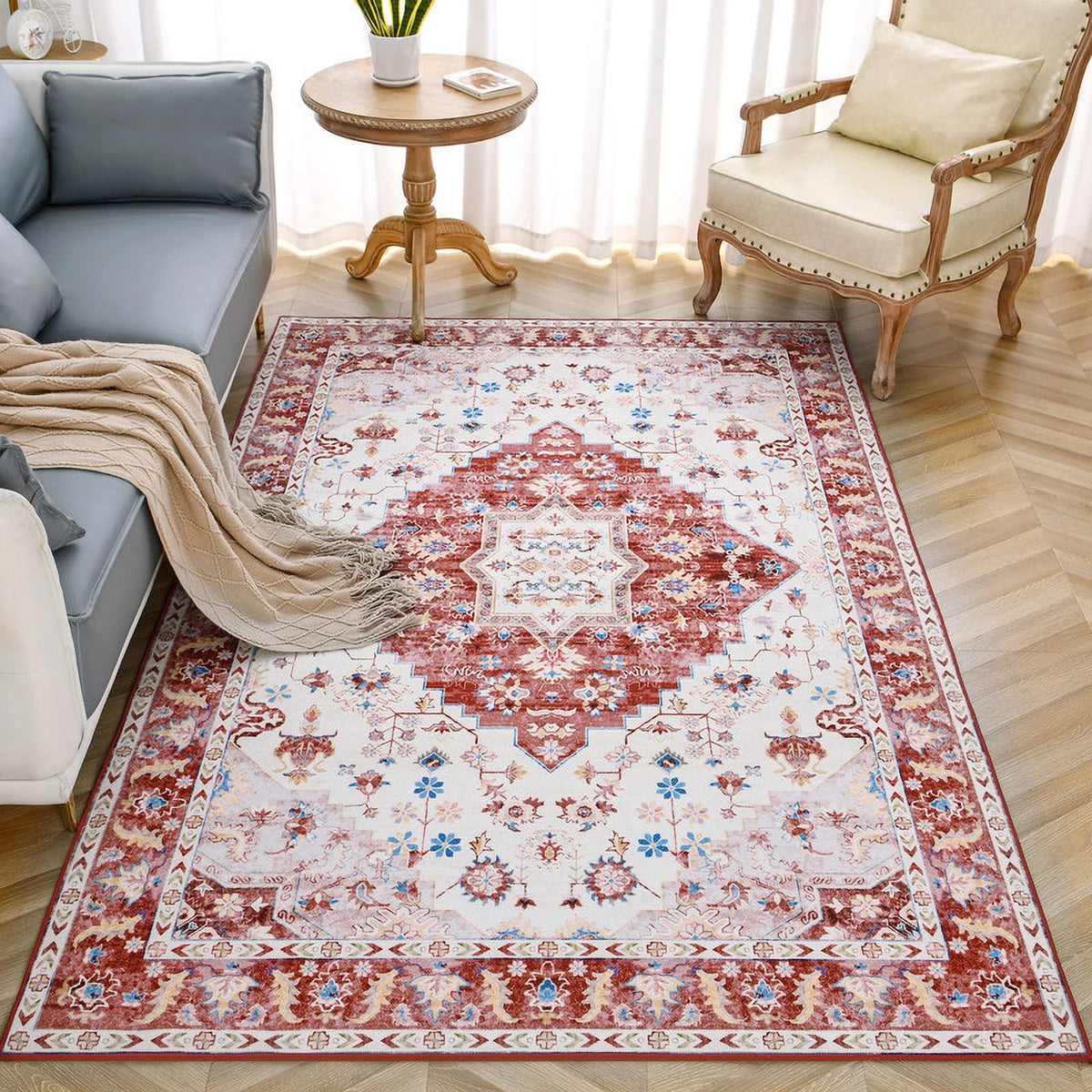 Vintage Boho Fluffy Chenille Area Rug 4'X6' Red D90600