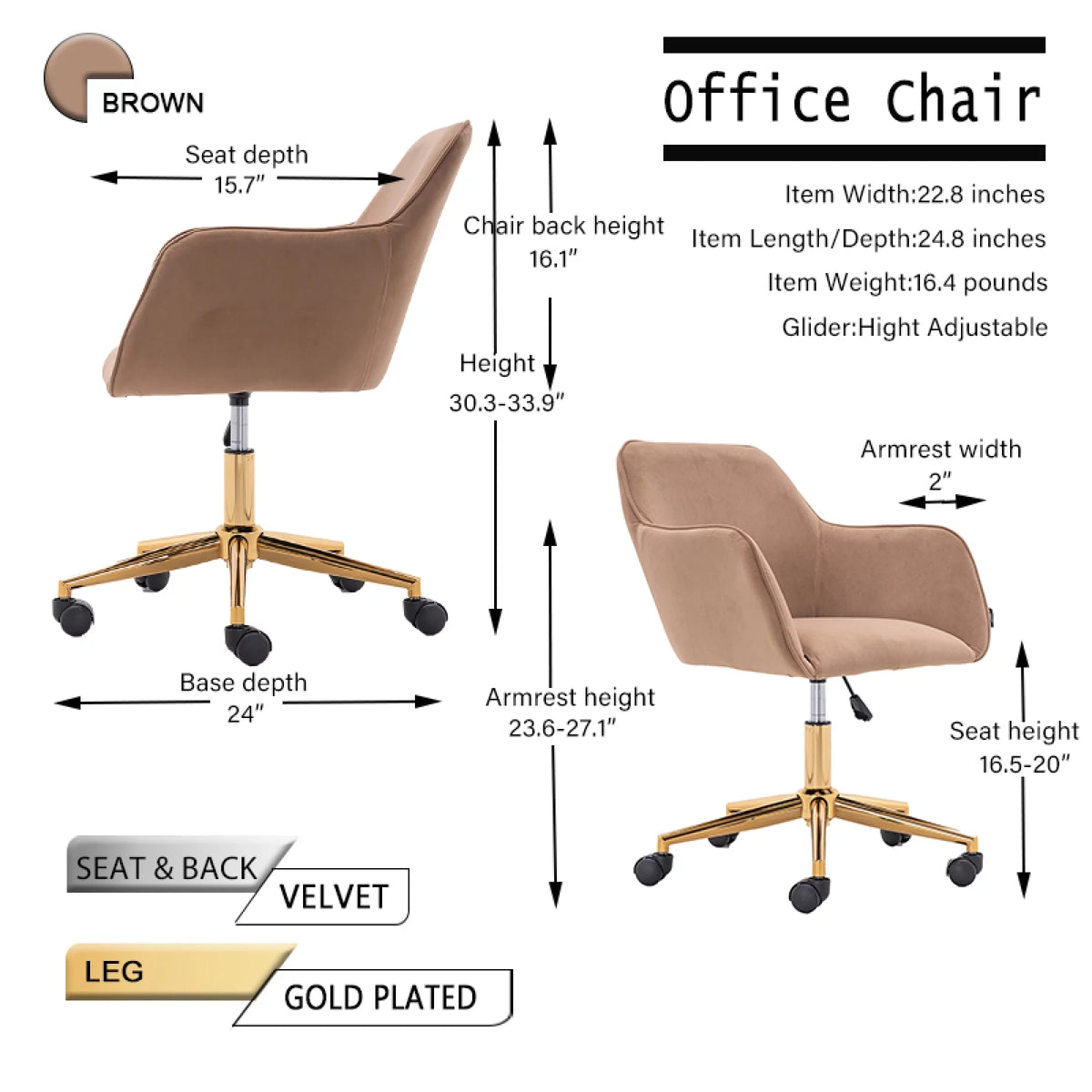 Velvet Adjustable Height Office Chair with Metal Legs and Wheels R727