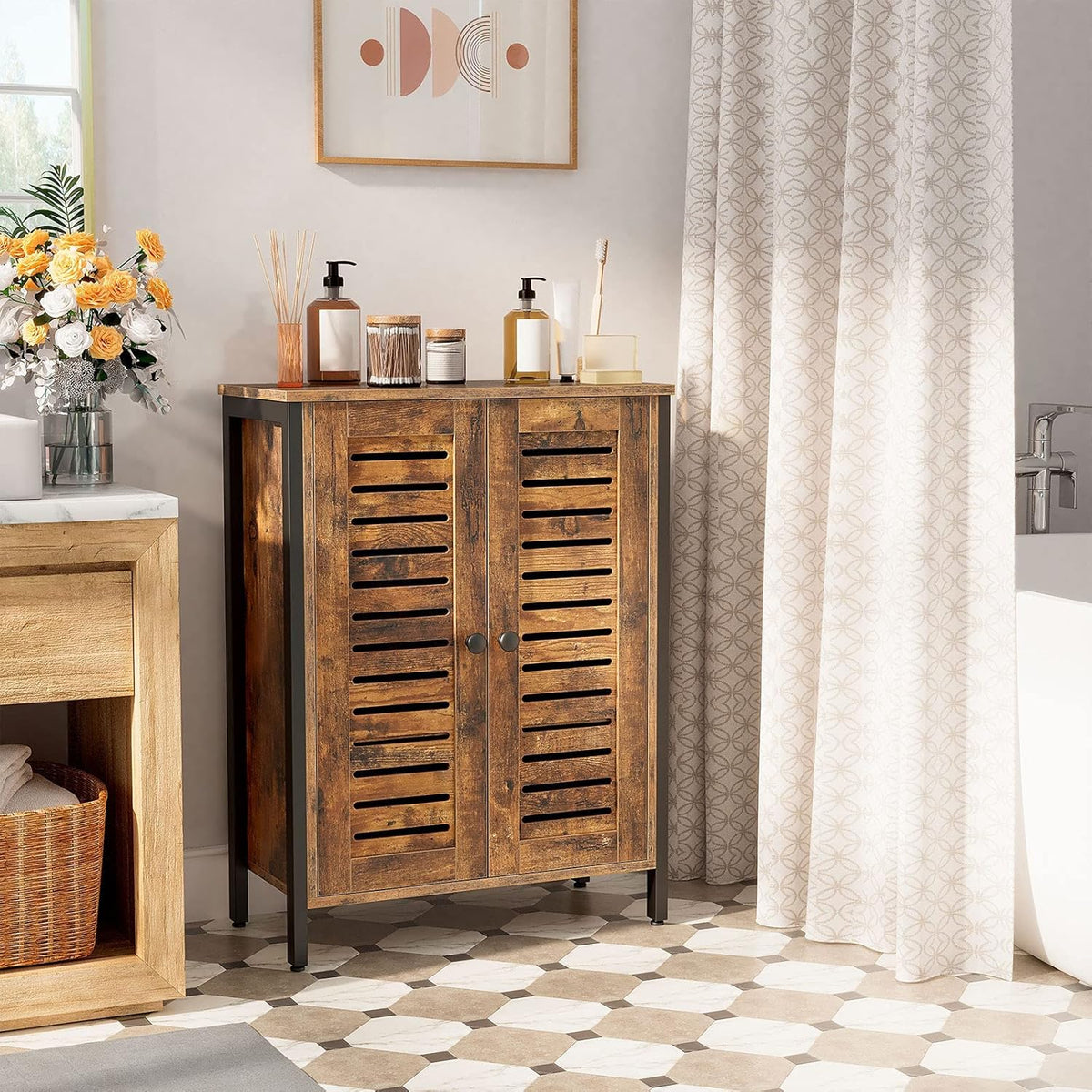 Rustic Brown Bathroom Cabinet with 2 Adjustable Shelves and Louver Doors P60866