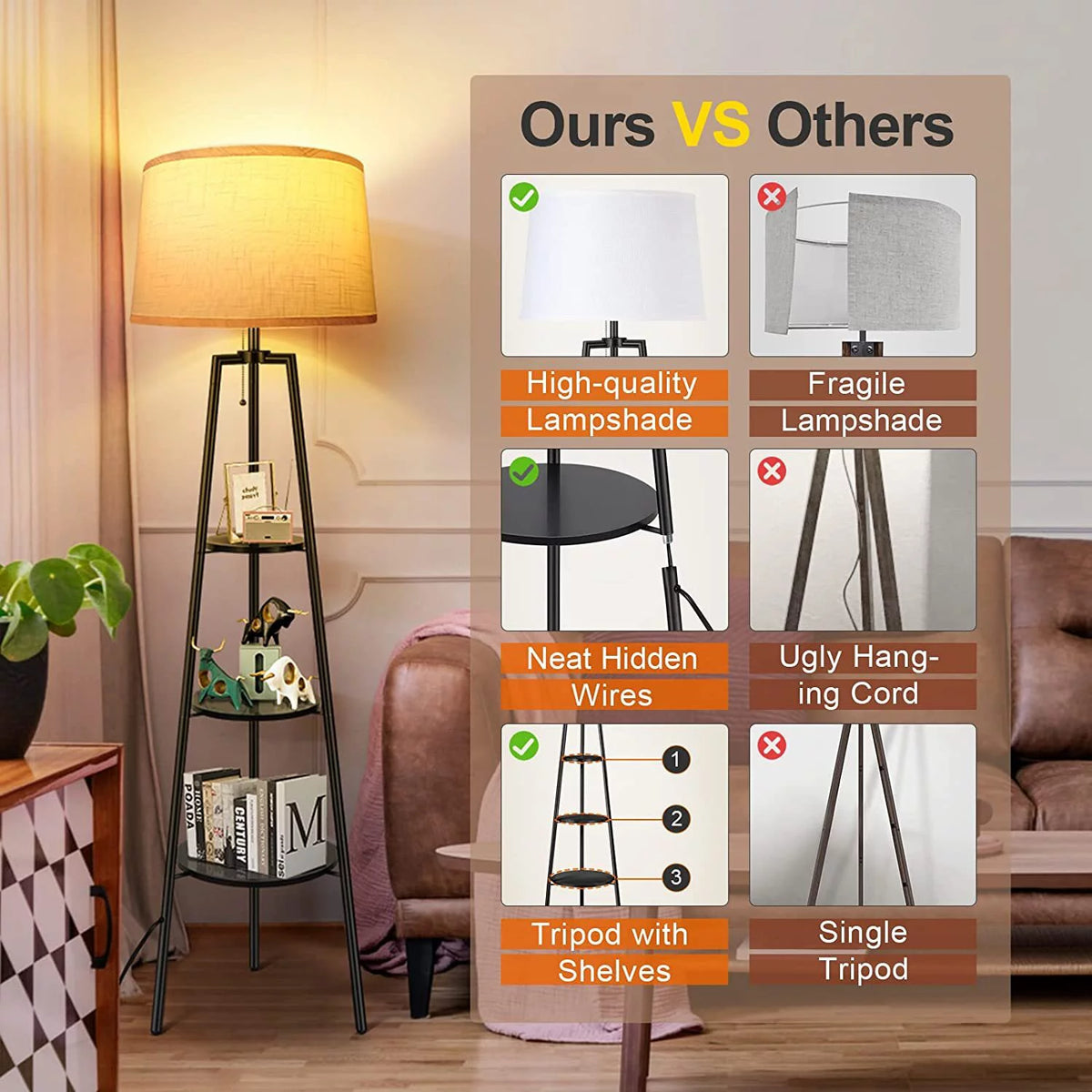Black Tripod Floor Lamp with Shelves P21118