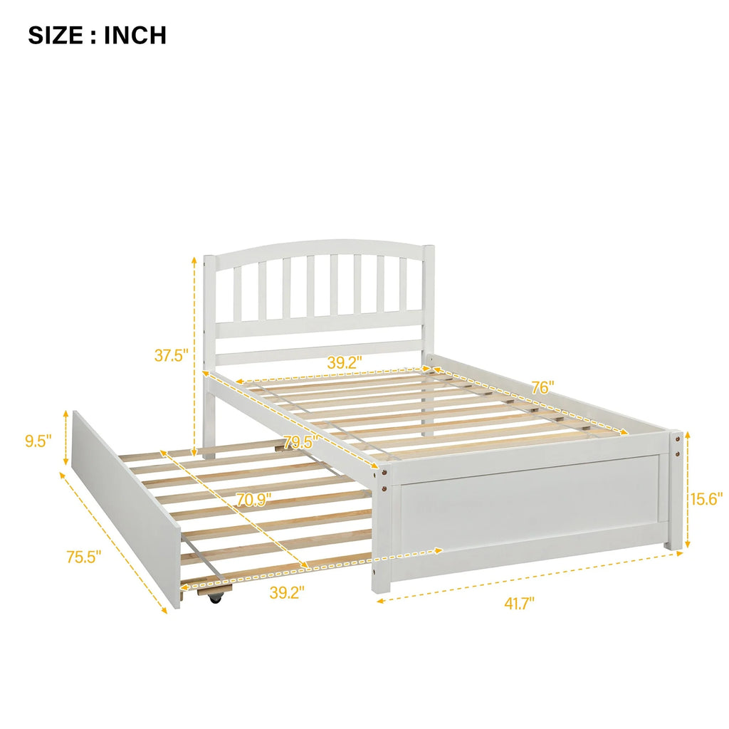 Twin Size White Wood Platform Bed with Trundle A64571