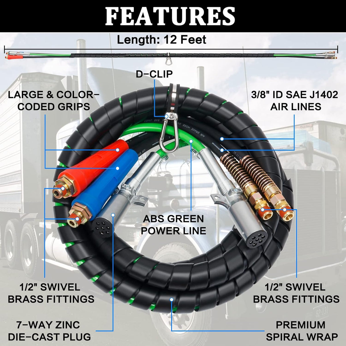 12 FT Semi Truck Air Hose Kit with Glad Hands G636