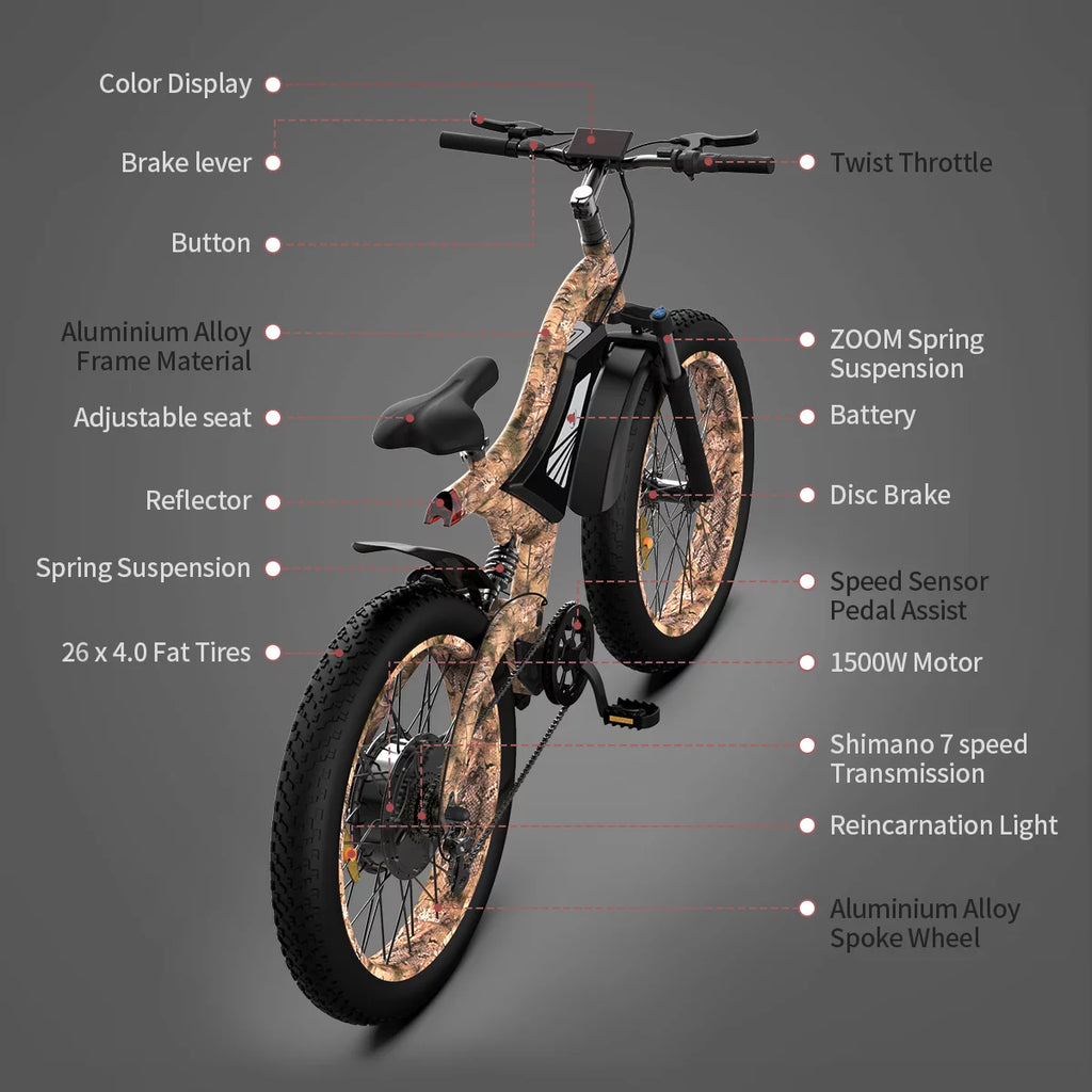 26 1500W Fat Tire Electric Bike 48V 15AH Removable Lithium Battery Full Suspension Mountain Bicycle C508381