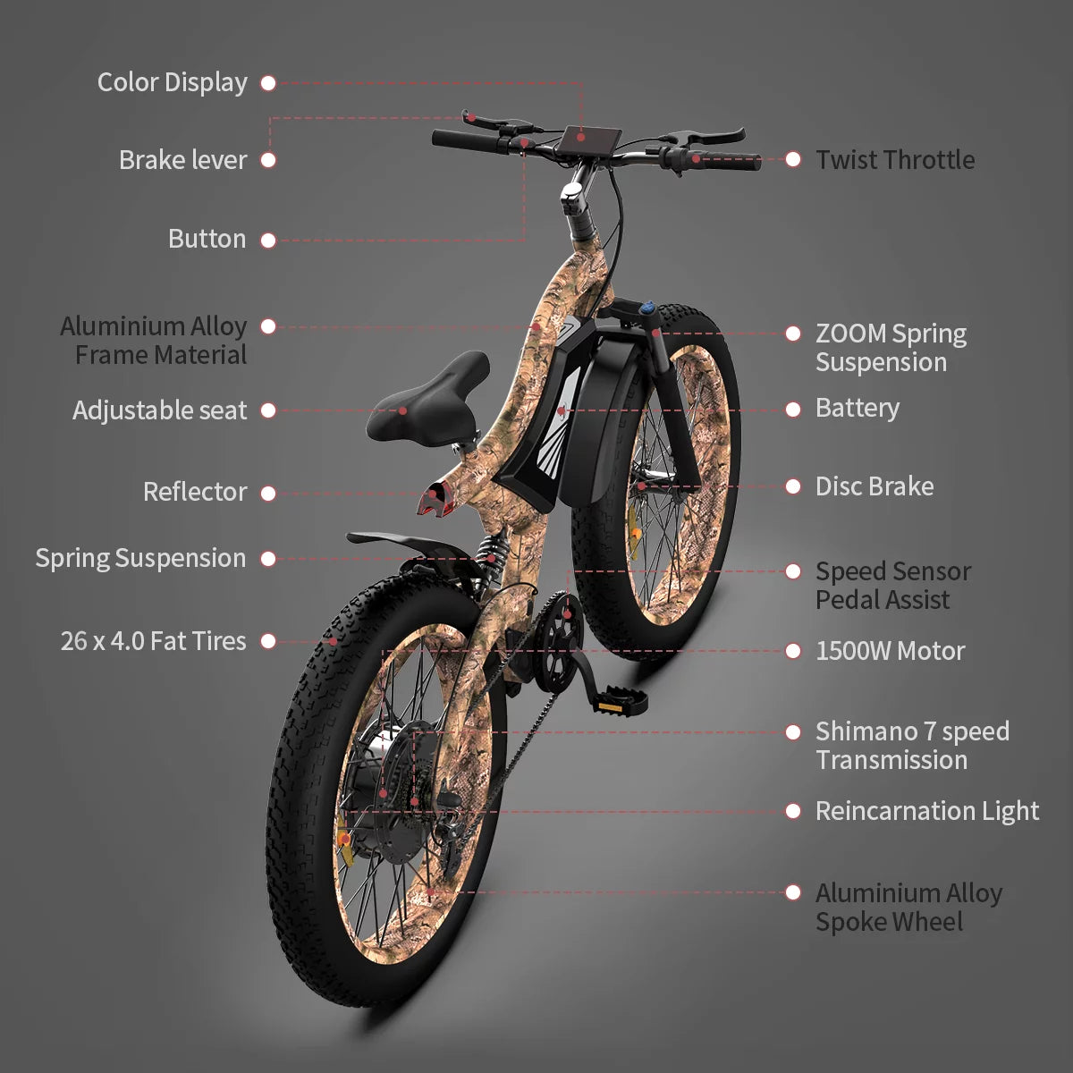 26 1500W Fat Tire Electric Bike 48V 15AH Removable Lithium Battery Full Suspension Mountain Bicycle C508381