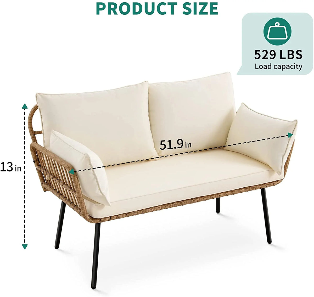 Wicker Loveseat Sofa with Beige Cushions D1080