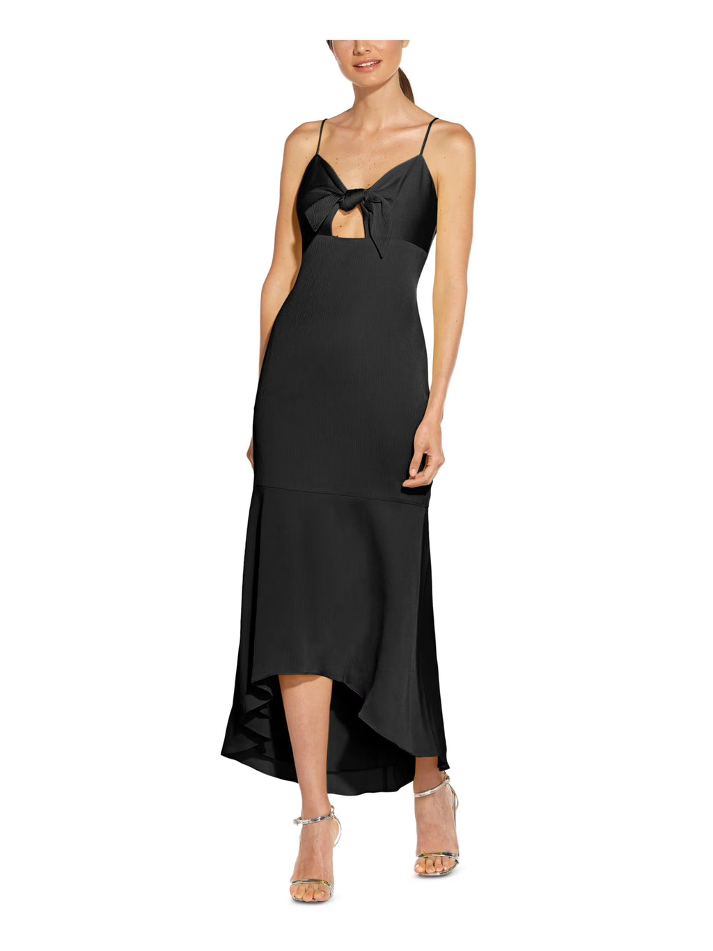 Black Cut Out Tie V-back Zippered Sleeveless Sweetheart Neckline Midi Hi-Lo Dress S4917