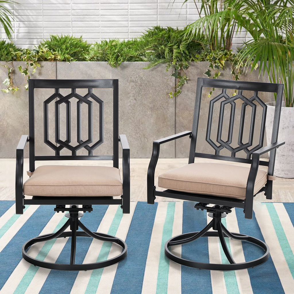Set of 2 Outdoor Swivel Dining Chairs, Steel Frame with Cushion, Black&Beige H3008