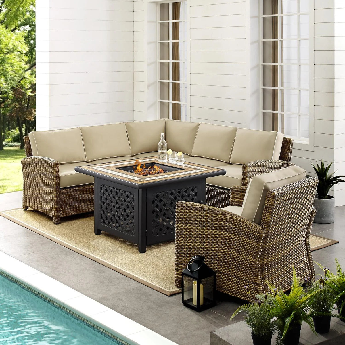5Pc Outdoor Wicker Sectional Set Sangria/Weathered Brown C676