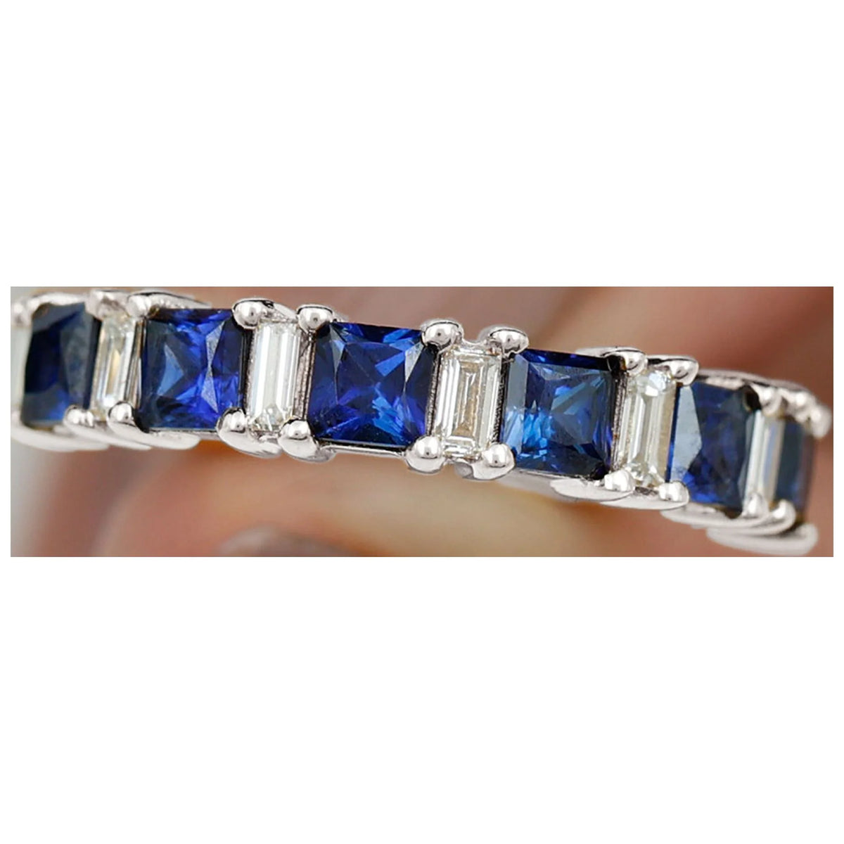 Lab Created Blue Sapphire Half Eternity Ring with Diamond - 2 CT, 14K White Gold, US 6.00 I374