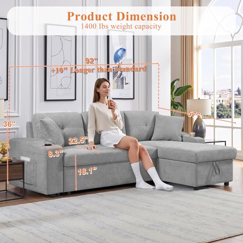 92" Reversible Sleeper Sectional Sofa with Storage Chaise, Light Gray Linen Fabric E706418