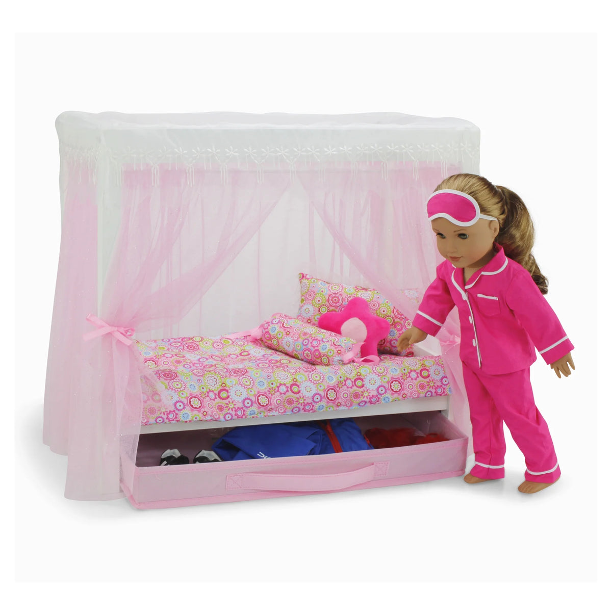 18 Inch Doll Canopy Single Bed with Doll Clothes Storage Drawer and 5 Piece Colorful Bedding Set A32829