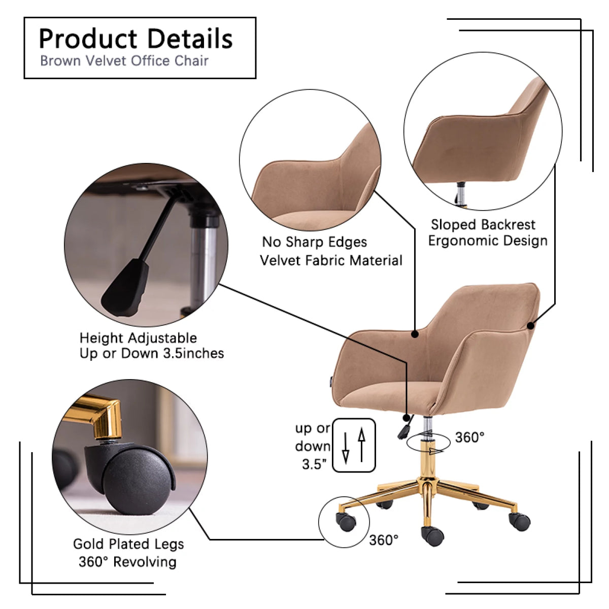 Velvet Adjustable Height Office Chair with Metal Legs and Wheels R727