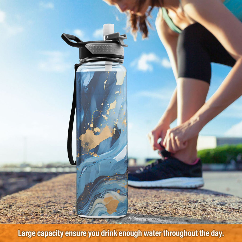 Marble Blue and Gold 32oz Tritan Leakproof Water Bottle with Straw Q70106