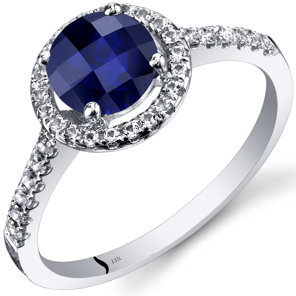 14K White Gold Created Blue Sapphire Halo Ring Q409