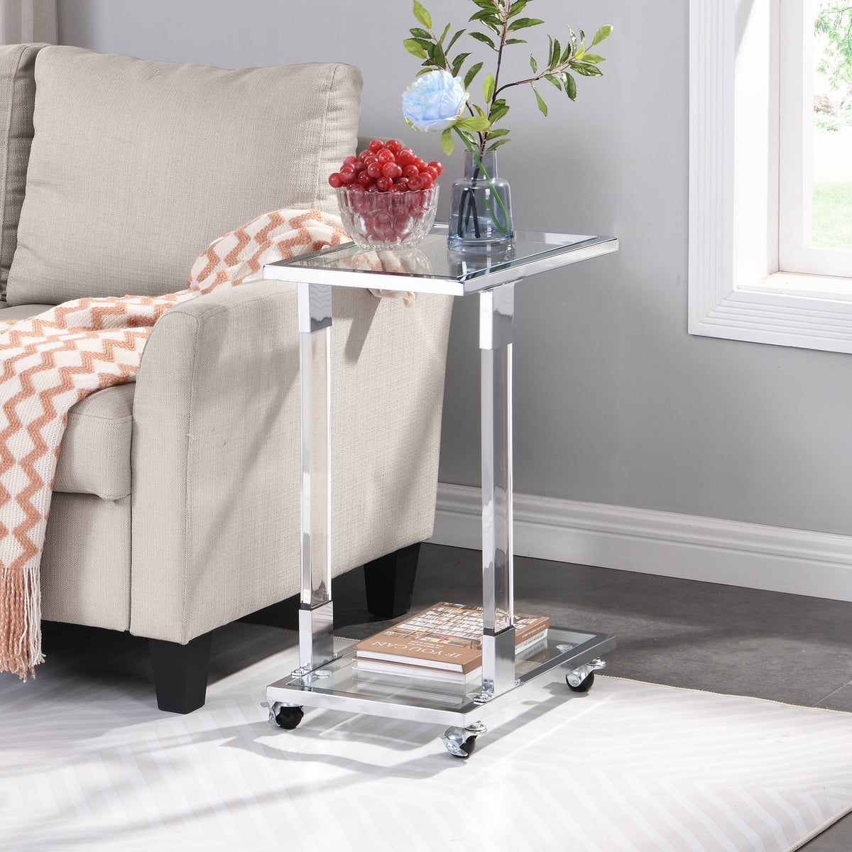Chrome Glass C Shape Square Side Table with Metal Base Z424