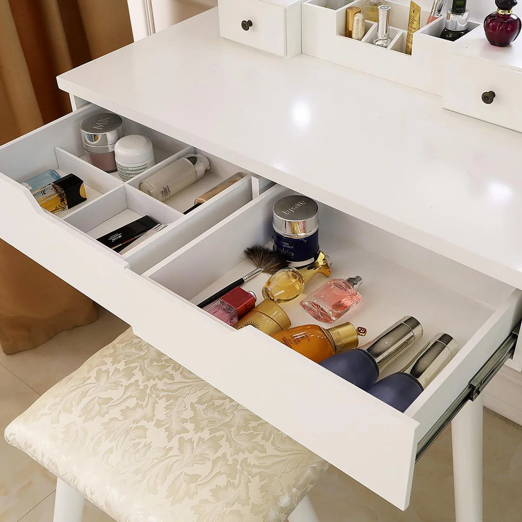White Round Makeup Vanity Table with Lighted Mirror and Cushioned Stool S457601