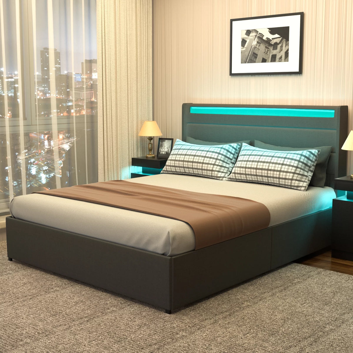Queen Size Upholstered Platform Bed Frame with 4 Storage Drawers G7642