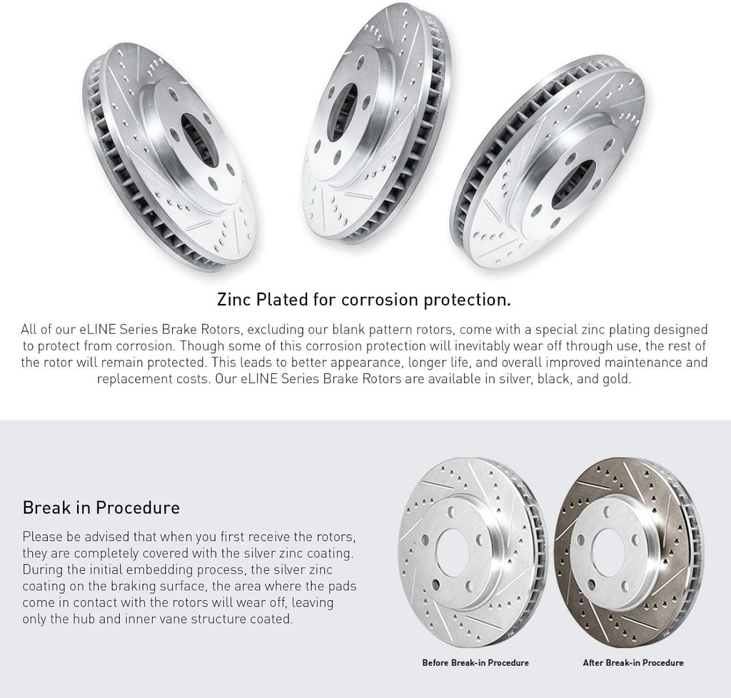 Front Rear Brake Rotors Drilled and Slotted Silver with Semi Metallic Brake Pads T7347