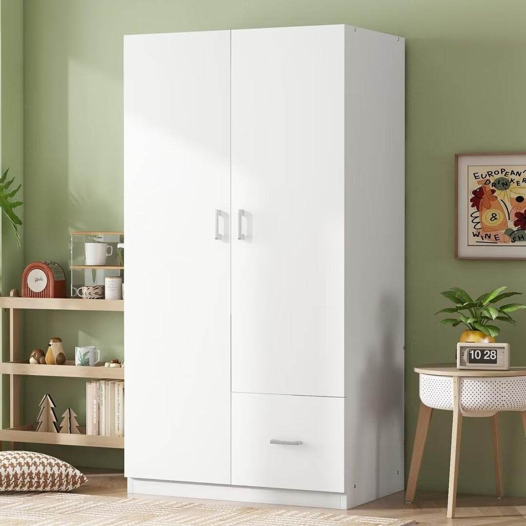 White 2 Door Wood Wardrobe with 5 Fixed Shelves and Hanging Rod N105217
