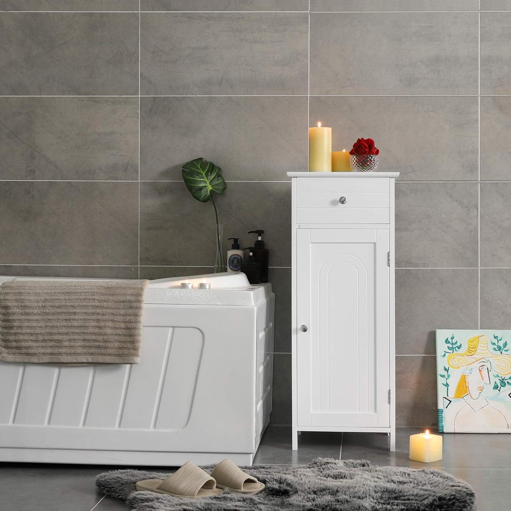 White Wooden Bathroom Floor Cabinet with Drawer and Adjustable Shelf T314