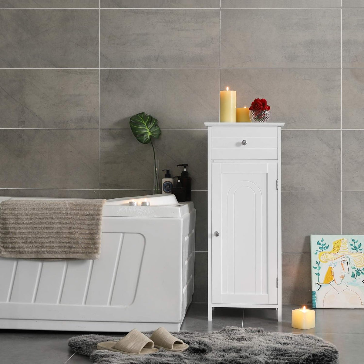 White Wooden Bathroom Floor Cabinet with Drawer and Adjustable Shelf T314