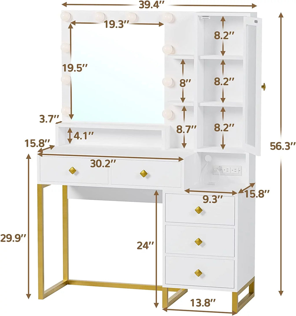 White Makeup Vanity with Lights and 5 Drawers V874
