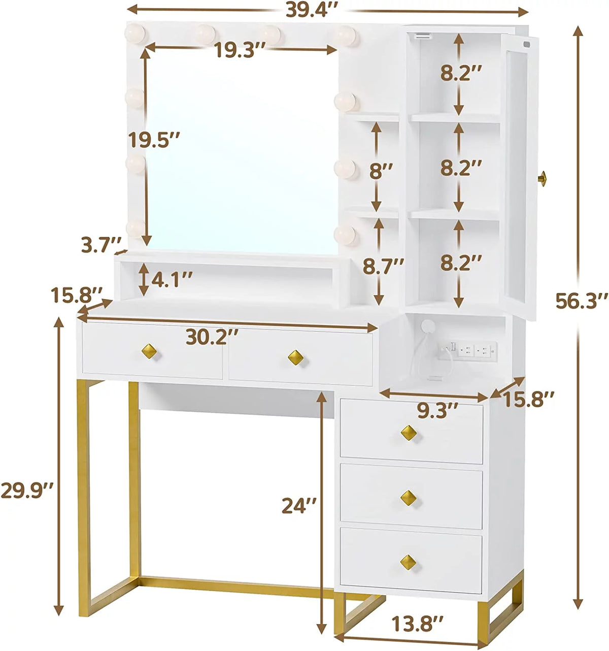 White Makeup Vanity with Lights and 5 Drawers V874