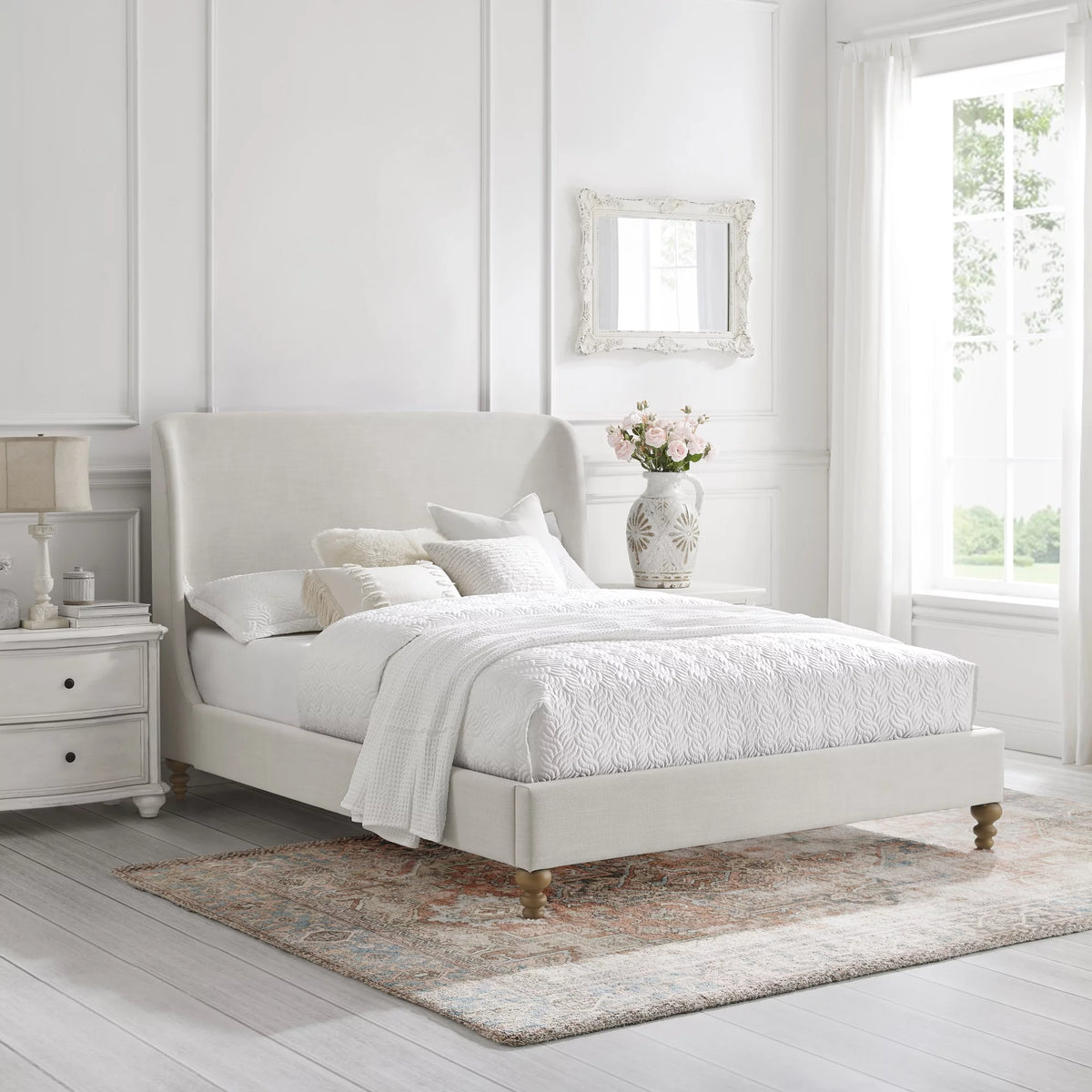 Cream White Tufted Linen Twin Size Bed Frame K191309