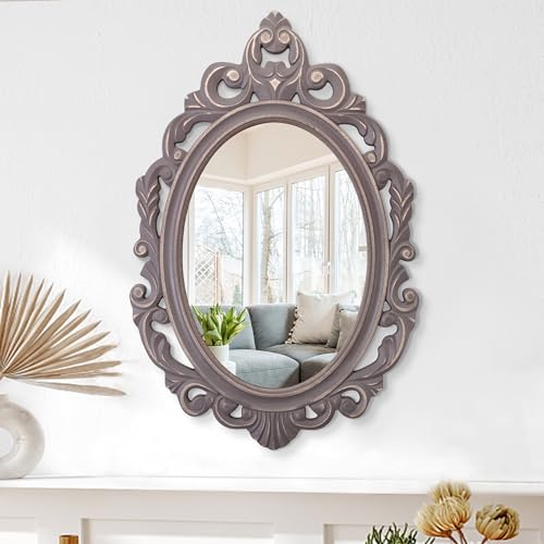 Oval Wooden Hanging Mirror Grey Carved Frame Wall Mirror 24"x16" D3189