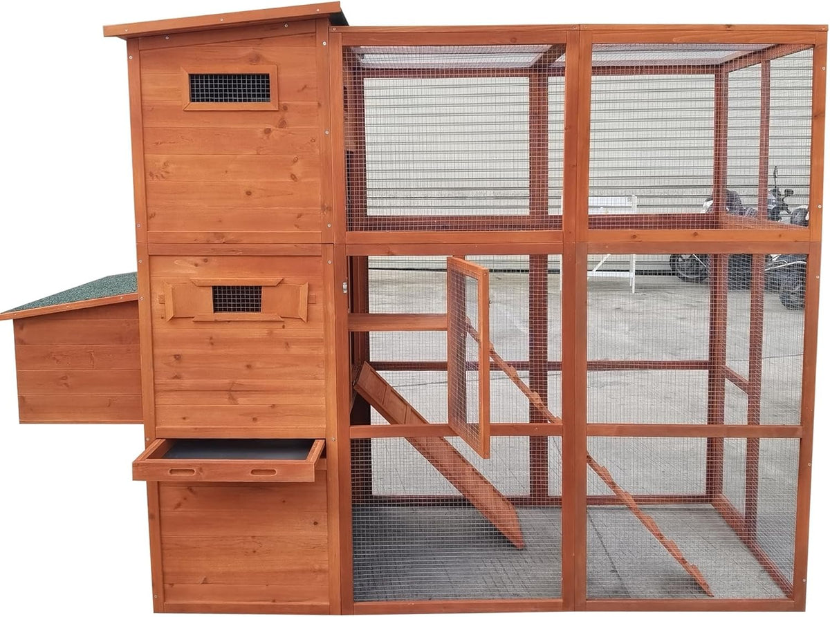 90.6" Wood Chicken Coop Hen House Nesting Box Run Cleaning Tray Y388